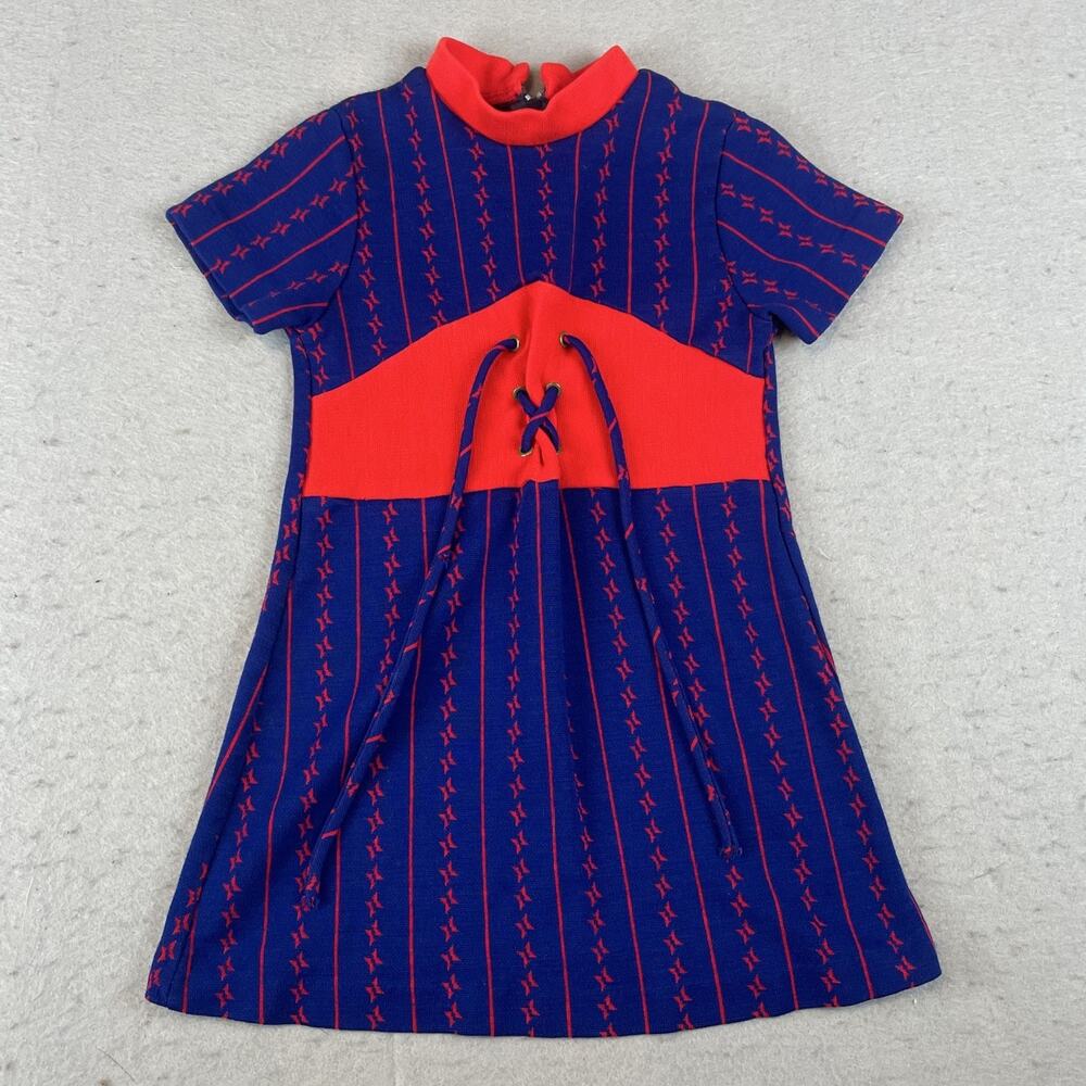 Vintage Sears Modi Girls Toddler Sz 5 Mini Dress 1970s Red Navy Blue Retro